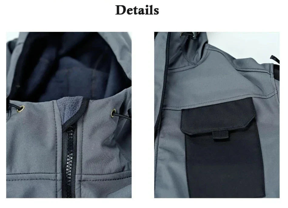 Mens Thicken Tactical Set Windproof Waterproof Outdoor Suit Soft Shell Multi-Pocket Hooded Jackets+Fleece Work Pants 2-piece