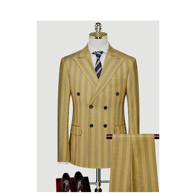 Double Breasted Men Suit Set Yellow Stripe Leisure Wedding Groom Wear Spring Autumn Korea Slim Style Business Man Daily Clothing
