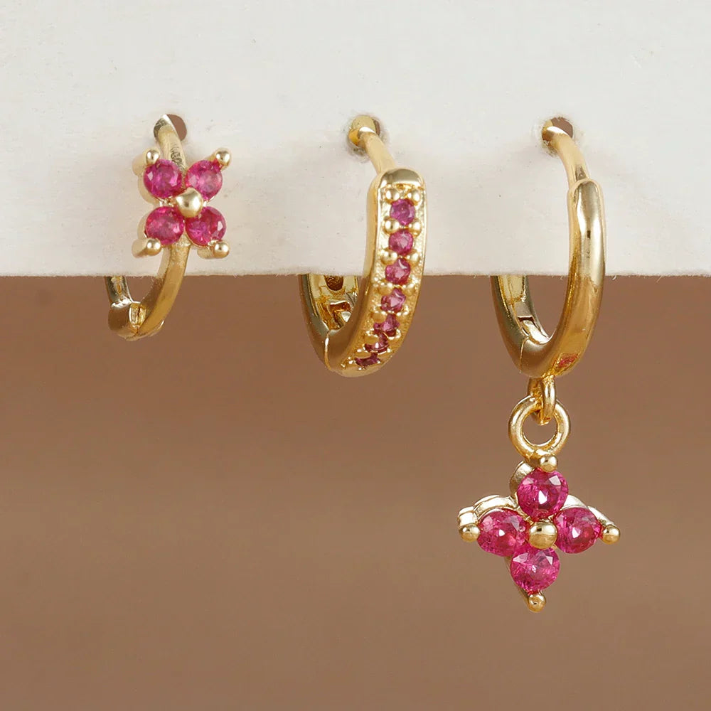 3PCS Trendy Stainless Steel Flower Drop Earring Set For Women Crystal Zirconia Dangle Earring Hypoallerg Piercing Jewelry aretes
