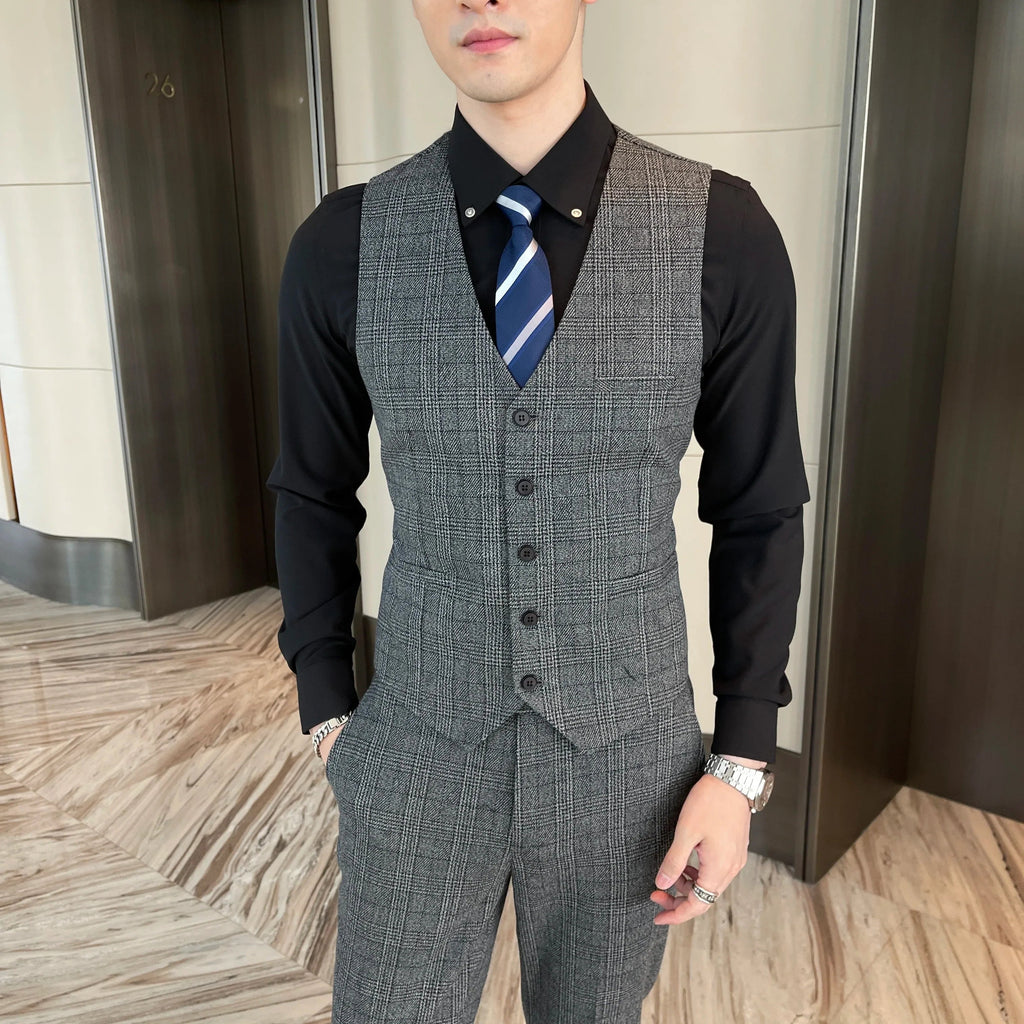 British Modified Plaid Three-Piece Suit for Men - Stylish Business Casual Suit Vest And Trousers Set