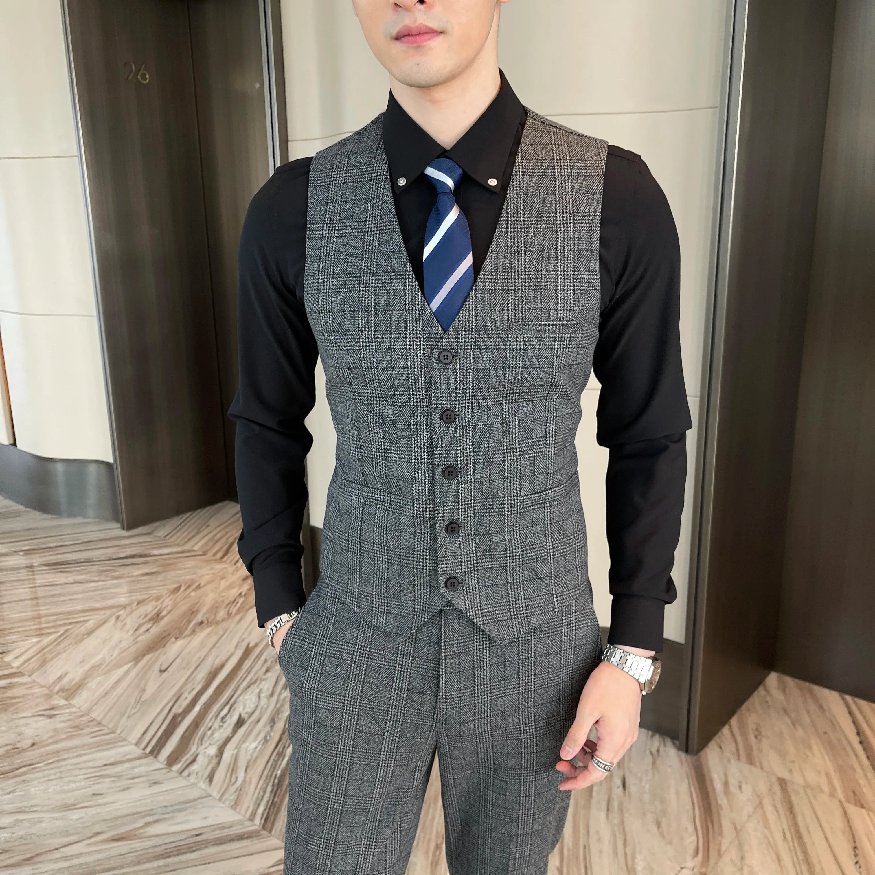 British Modified Plaid Three-Piece Suit for Men - Stylish Business Casual Suit Vest And Trousers Set