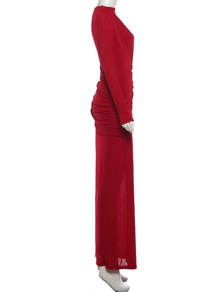 Nibber Folds Maxi Dress Women o-Neck Full Sleeve Solid Banquet Elegant Vacation Fashion Autumn Skinny Casual Simple Vestidos