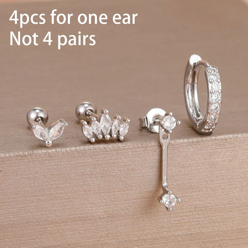 4PCS Stainless Steel Circle Huggie Hoop Earrings Set for Women Gold Color Unique Zircon Flower Stud Earring Piercing Jewelry