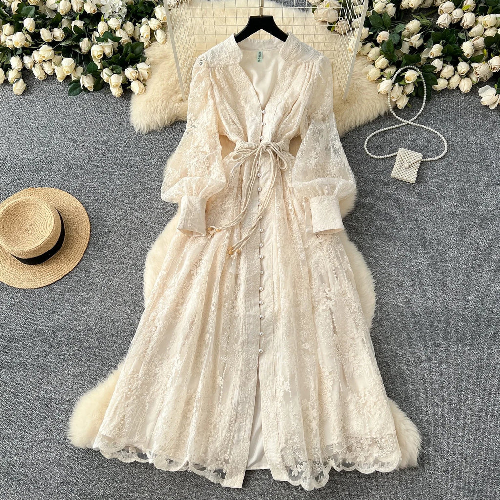 High-End Women's Dress Heavy Embroidery A-Line Long Skirt V-Neck Lantern Sleeve Single Button High Waist Korean Style Commute