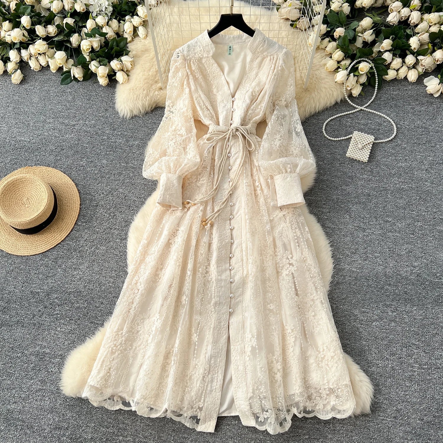 High-End Women's Dress Heavy Embroidery A-Line Long Skirt V-Neck Lantern Sleeve Single Button High Waist Korean Style Commute