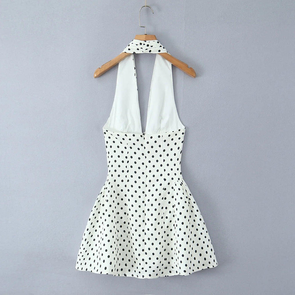 French Style Retro Polka Dot Deep V Halter Dress Women Sexy Backless A-line Slim Sweet Elegant Mini Dresses Summer Robe