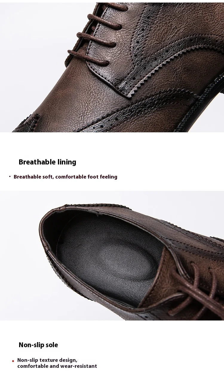 Lace-up casual leather shoes Men's wedding carved Brogues men's formal business pointed shoes Groom's leather shoes