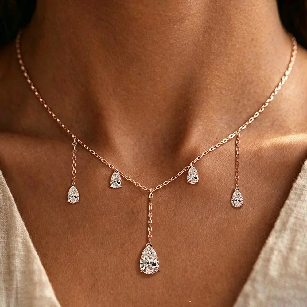 0.5/2Carat Pear Cut Moissanite Drop Necklace With Certificate S925 Silver Long Tassel Neckchain Fine Jewelry For Women
