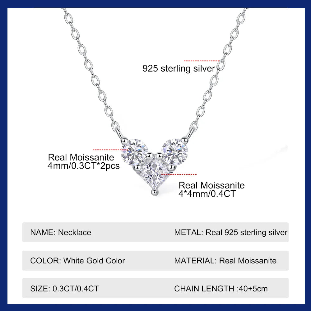 4mm Princess Cut Moissanite Necklace 925 Sterling Sliver Chain Plated 18k White Gold Heart Necklace for Women Jewelry