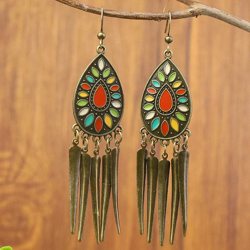 Vintage Bohemian Long Earrings For Women Big Statement Carved Geometric Tassel Boho Tibetan Silver Bronze Color Jewelry Earrings