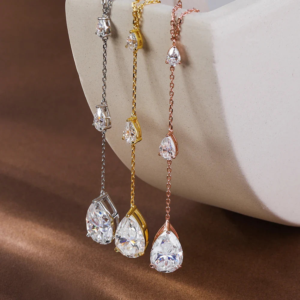 11.5carat Waterdrop All Moissanite Pendant Neclace with Certificates 925 Silver Pear Cut Diamond Long Tassel Neckchain for Women