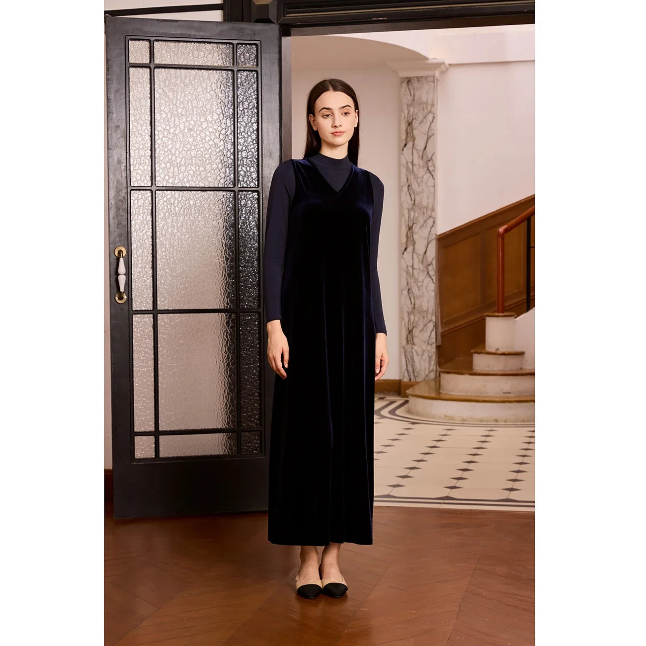 Women 2026 Autumn and Winter Modal Mesh Shirt and V Neck Velvet Maxi Dress High Quality