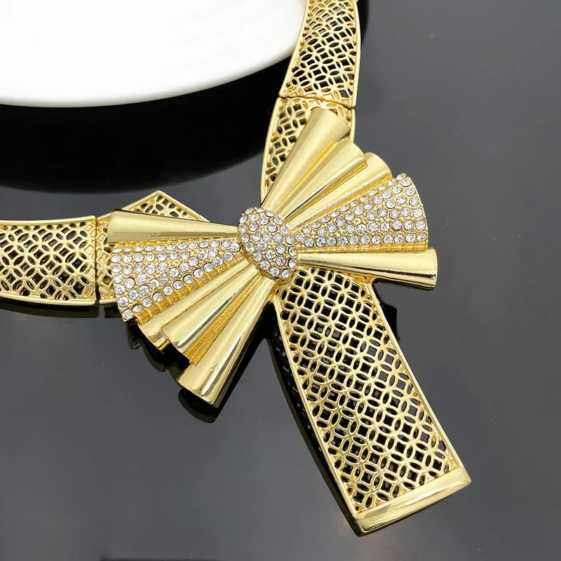 Italy 18k Gold Plated Women Jewelry Set Classic Design Bowknot Necklace Earring Bracelet And Ring 4PCS Set Jewelry Wedding Party
