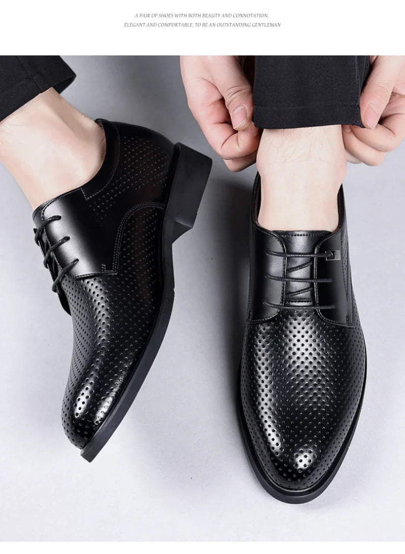 Mens Black Genuine Leather Perforated Metal Decor Lace Up Formal Business Office Breathable Summer Shoes Hollow Stylish Simple
