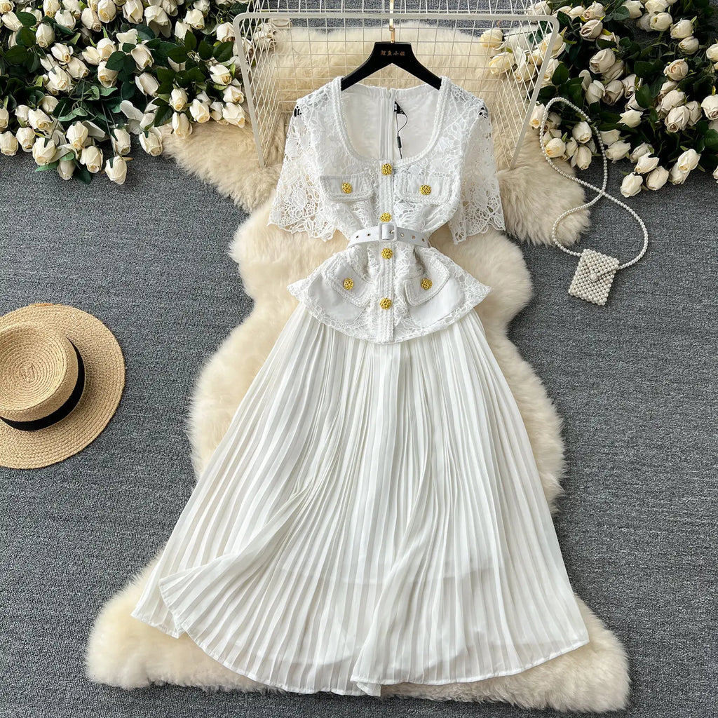 Designer Summer Pleated Chiffon Lace Long Dress