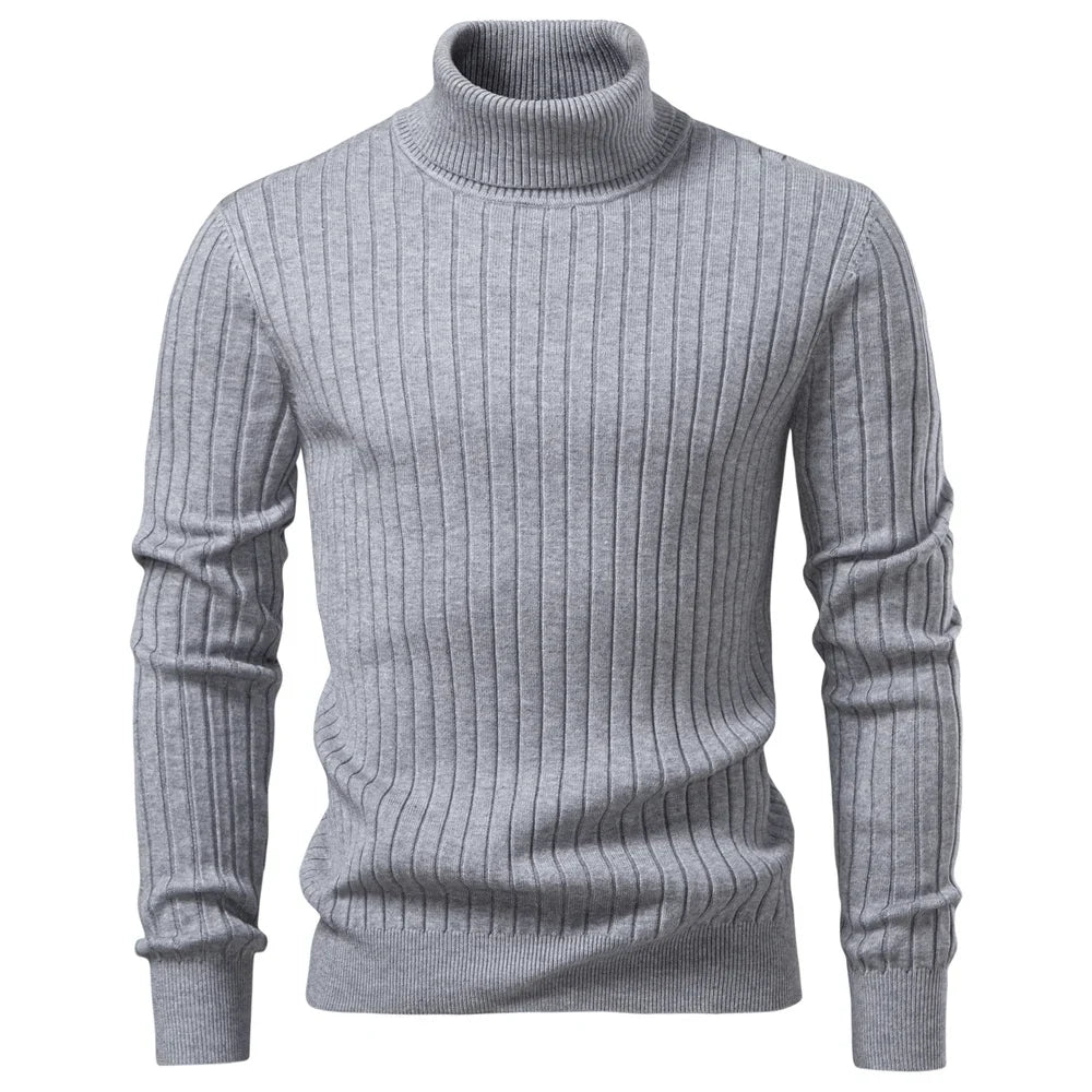 Men's Turtleneck Sweater Solid Color with Striped Pullover Warm Knitwear Winter Basic Casual High Quality Sweater Male