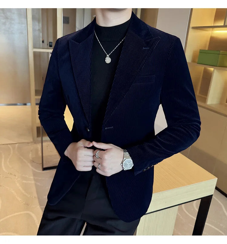 Corduroy Stripe Suit Jacket For Men Autumn Winter Business Slim Fit Tailcoat Formal Wedding Party Fashion Casual Suit Coat 4XL-M