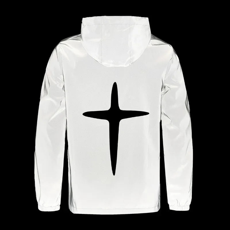 Men's Night Reflective Jacket Fashion Cross Printed Windproof Hooded Coats Streetwear Outdoor Cycling Jogger Safety Outerwear