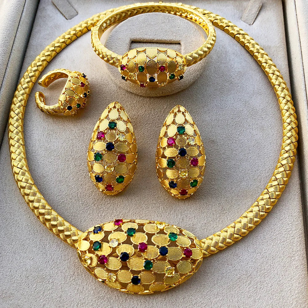 Luxury FLower Floral 4PCS DUBAI Jewelry Sets For Women Wedding Cubic Zircon Crystal CZ Indian African Bridal Jewelry Sets