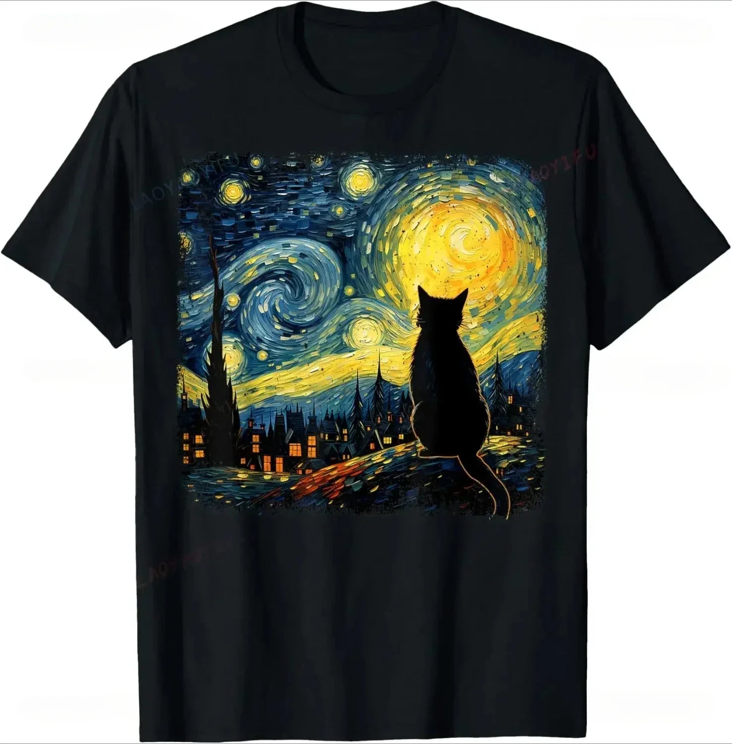 تيشيرت Cat Starry Night Van Gogh Cat لمحبي القطط، ملابس شارع عصرية غير رسمية، فضفاضة لصيف أنيق للنساء، جماليات لطيفة
