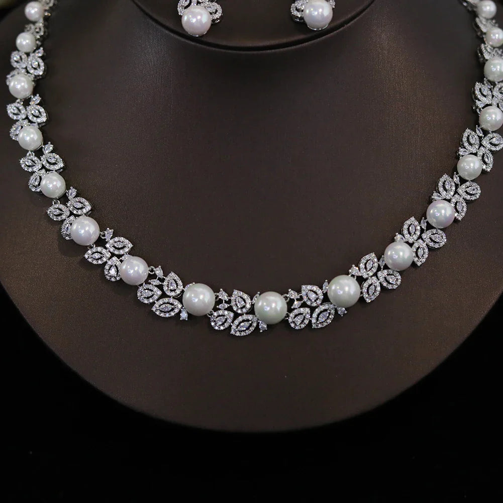 Elegant Shiny Cubic Zirconia Big Pearl Necklace Bridesmaid Gift Luxury Bridal Wedding Banquet Jewelry Set for Women Accessories