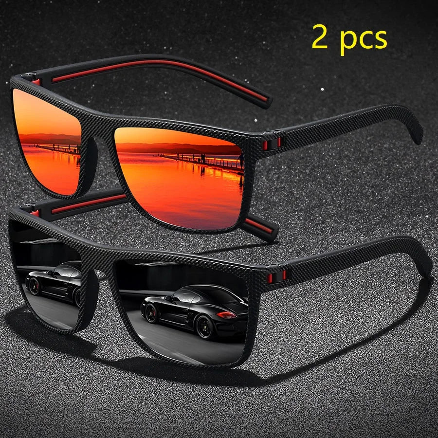 2PCS Fashion Vintage Check Pattern Sunglasses For Men Women Fishing Driving Fashion Square Brand Design Sun Glasses UV400 Eyewea