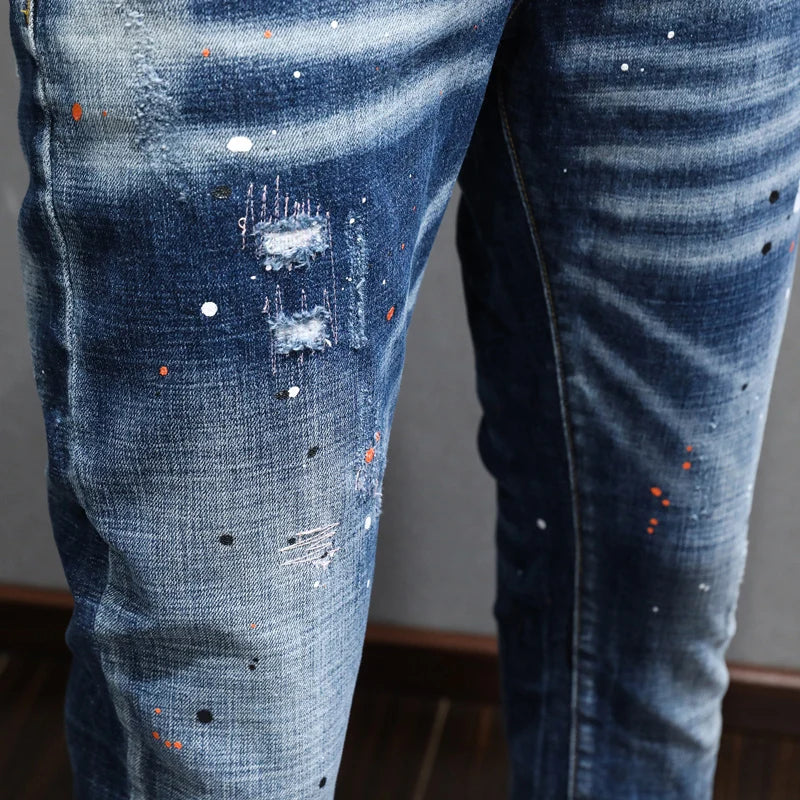 Fashion Designer Men Jeans Retro Blue Stretch Slim Fit Painted Ripped Jeans