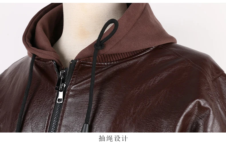 Autumn Winter Cool Handsome Oversized Brown Thickened Warm Leather Jacket Men with Hood Fake 2 Piece European Clothes