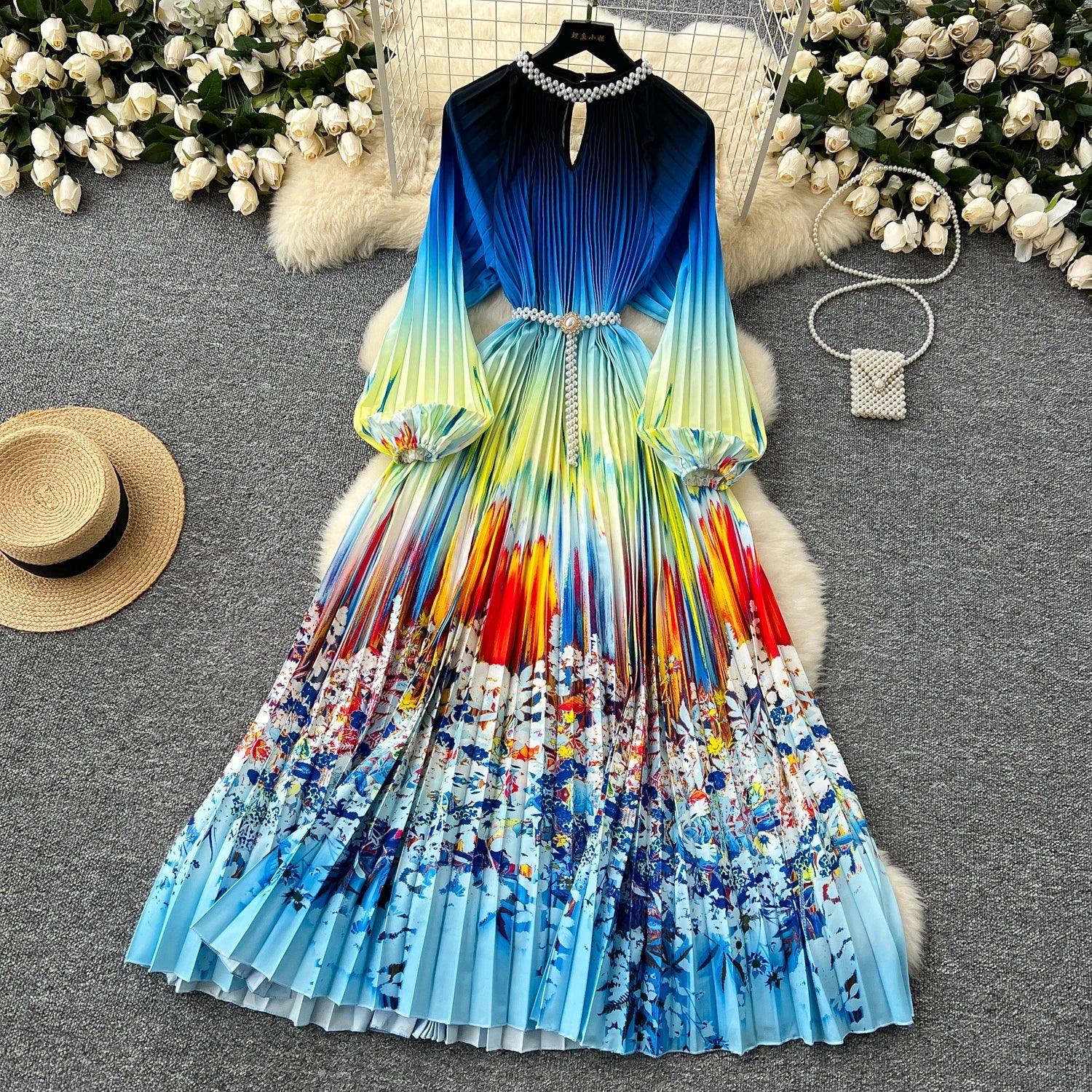 High-End Women's Dr Faionable Beaded round Ne Hollow out Pleated Lantern Sve Waist Cinched Floral Print Lon...