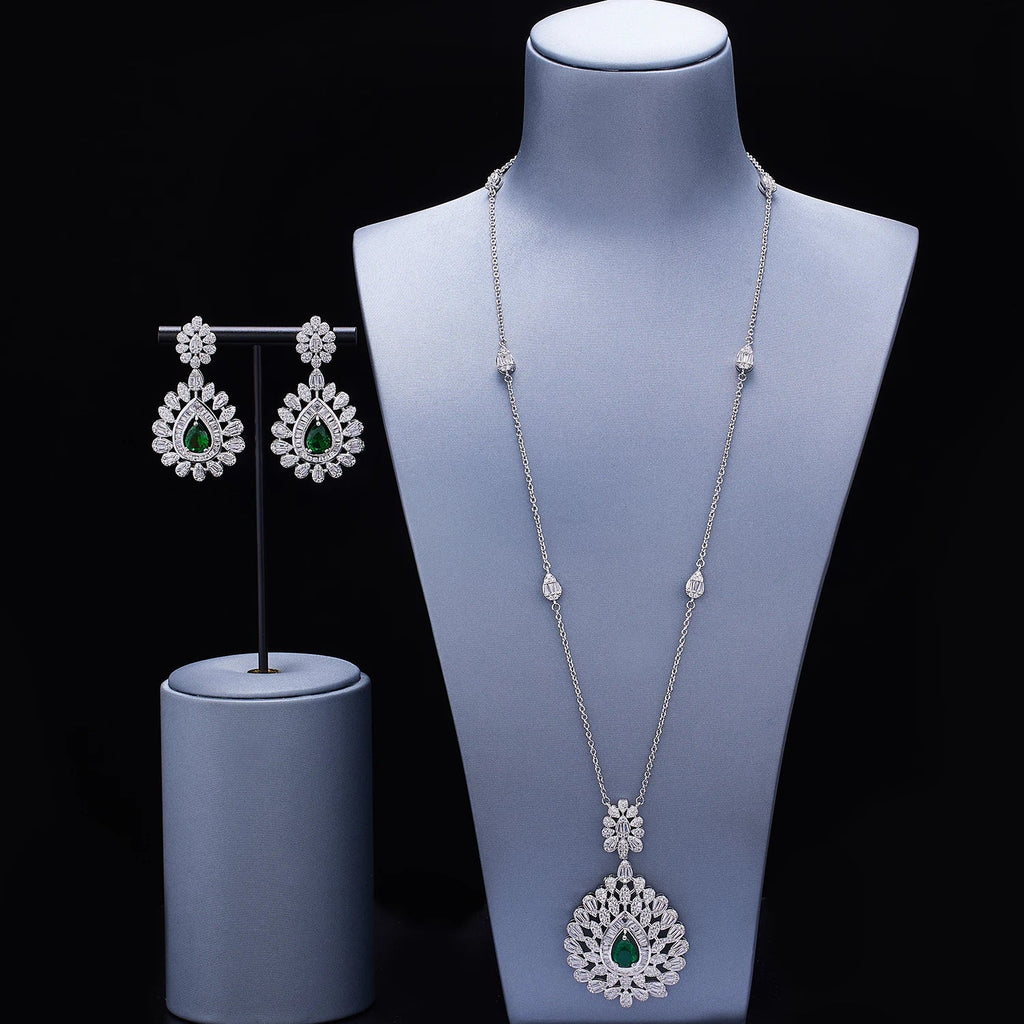 Elegant Women Wedding Jewellery African CZ Crystal Leaf Drop Bridal Necklace Bracelet and Earrings Jewelry Sets