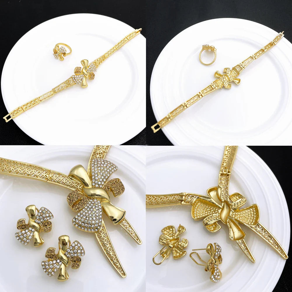 Italy 18k Gold Plated Women Jewelry Set Classic Design Bowknot Necklace Earring Bracelet And Ring 4PCS Set Jewelry Wedding Party