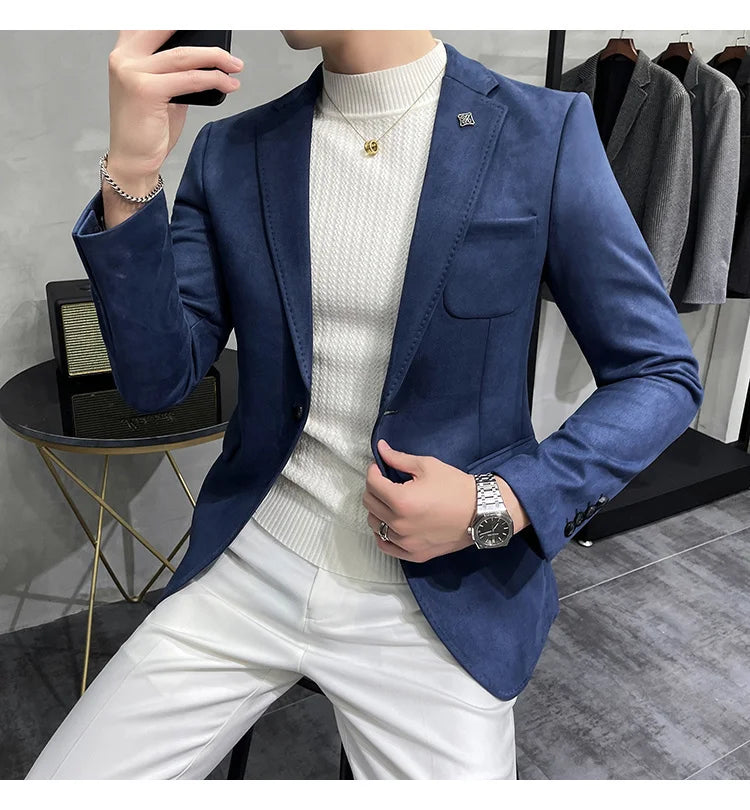Plus Size 4XL-M Autumn Deerskin Velvet Jackets Blazer 6 Color Men Business Slim Blazers Hommes Casual Wedding Tuxedo Suit Coat