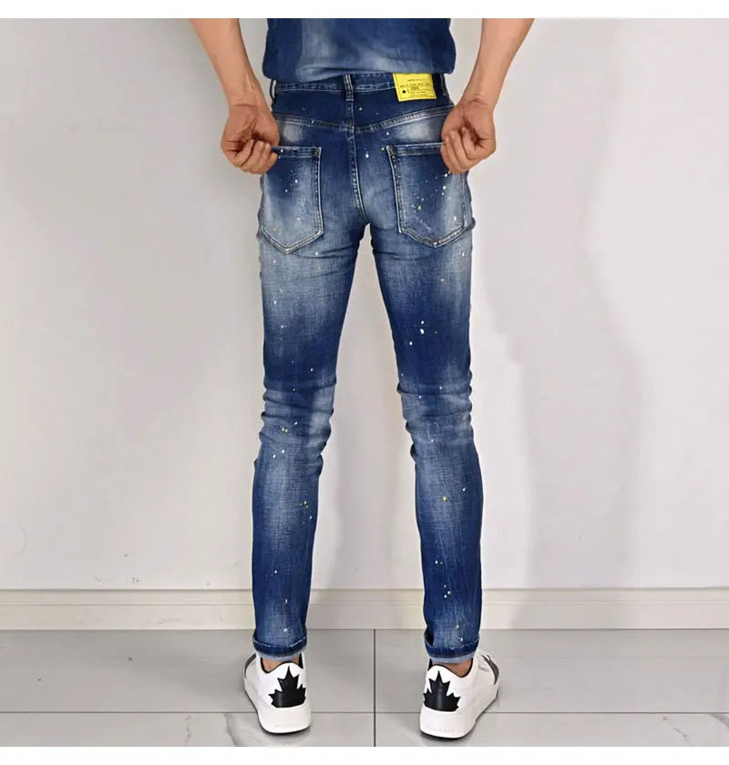 Street Fashion Men Jeans Retro Blue High Quality Elastic Skinny Fit Ripped Jeans Men Patched Designer Hip Hop Brand Pants Hombre