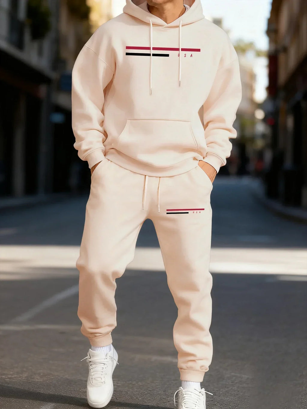 Usa Simple Line Printed Man'S Hoodie Set Fashion Pocket Two Pices Sets Fleece Autumn Clothing Casual Winter Sporty Streetwear