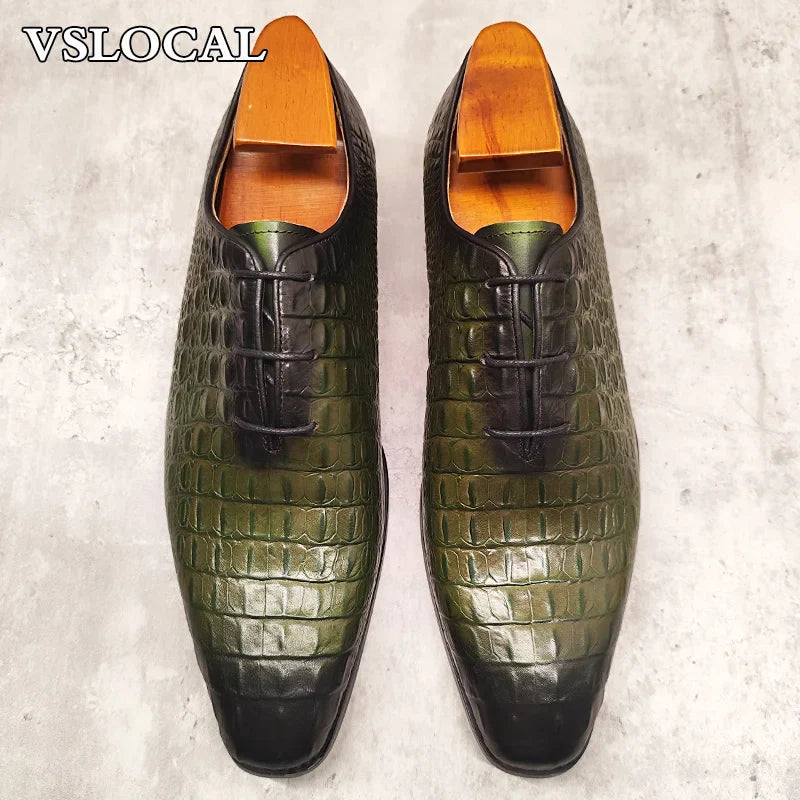 Luxury Men Oxford Shoes Green Black Croco Print Casual Mens Dress Shoes Lace up Wedding Office Genine Leather shoes men
