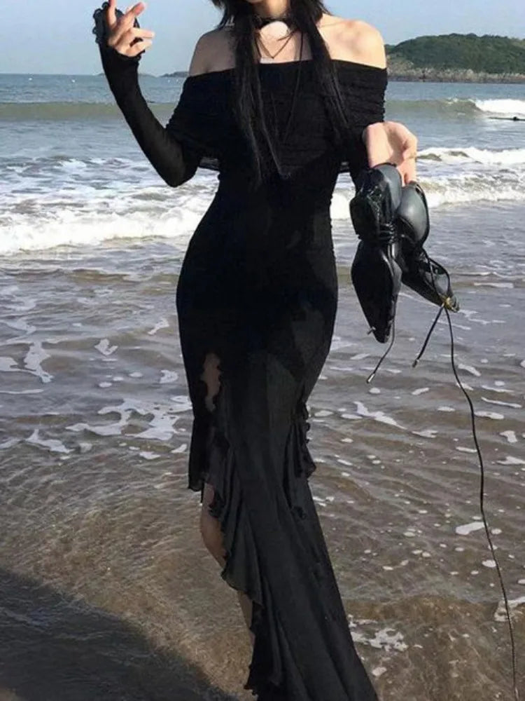 فساتين نسائية غير منتظمة بتصميم عتيق من الستريت وير باللون الأسود