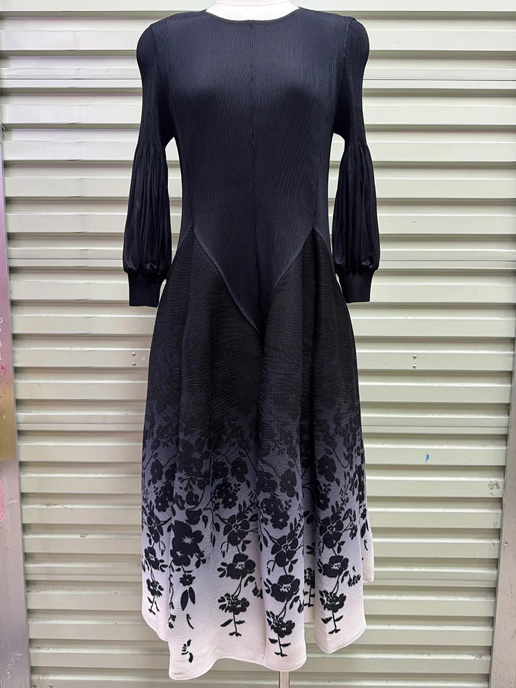 Miyake Pleated Dresses 2026 Autumn New Gentle French Print Elegant Stretch Plus Size Women's Long Sleeve Bounce Flower Bud Dress