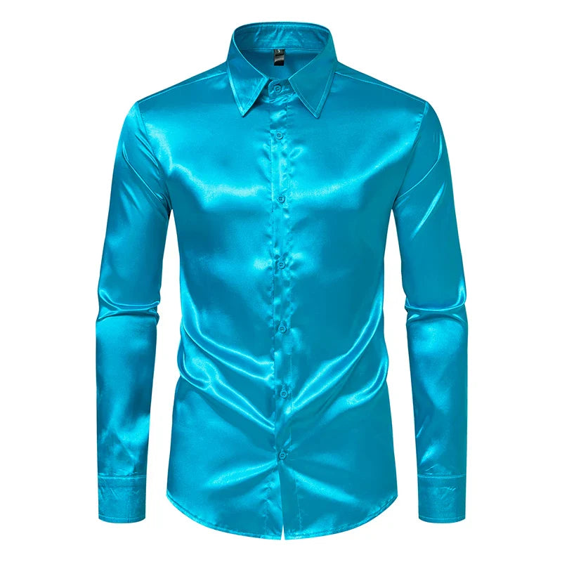 Men's Black Satin Luxury Dress Shirts Fashion Silk Smooth Tuxedo Shirt Solid Wedding Party Prom Casual Shirt Business Office