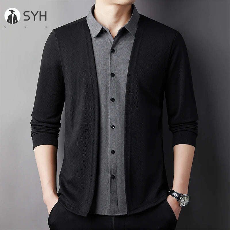 Men's Casual Long Sleeved Shirt Fake Two Piece Comfortable Outdoor Cardigan Korean Version Solid Color Fashionable Versatile Top
