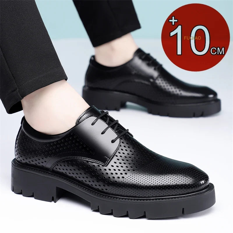 Summer Hollow Out Breathable Men Height Increasing Oxford Shoes 8/10CM Formal Business Dress Wedding Party Elevated Leather Shoe