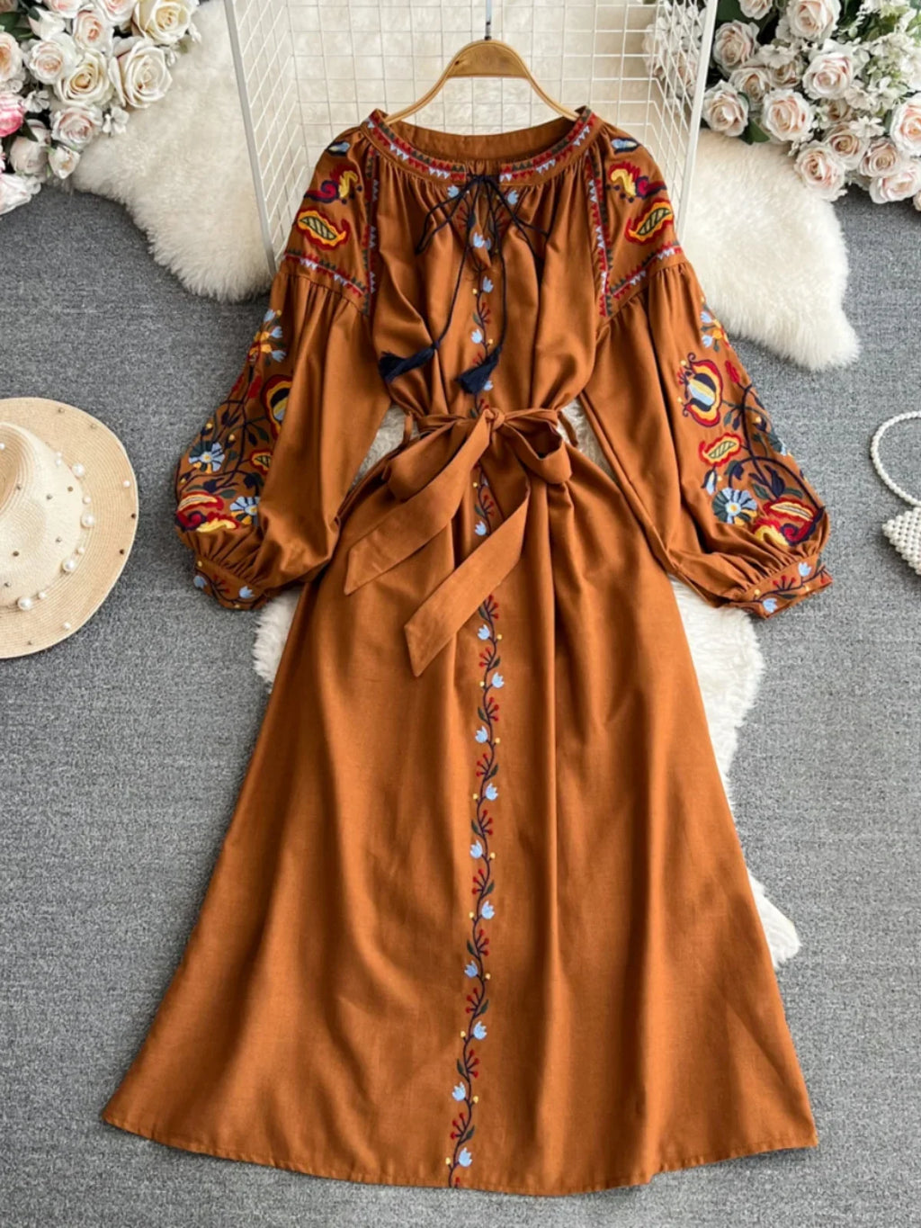 Retro Ethnic Sle Long Sve Embroidered round Ne A-Line Cotton Linen Dr Slimming Waist Cinched Ele Long Dr