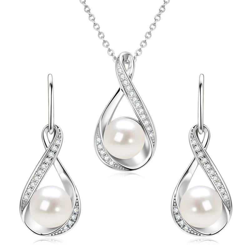 Moissanite Natural Freshwater Pearl Infinity Pendant Necklace & Earrings Sets for Women 925 Sterling Silver Wedding Jewelry Set