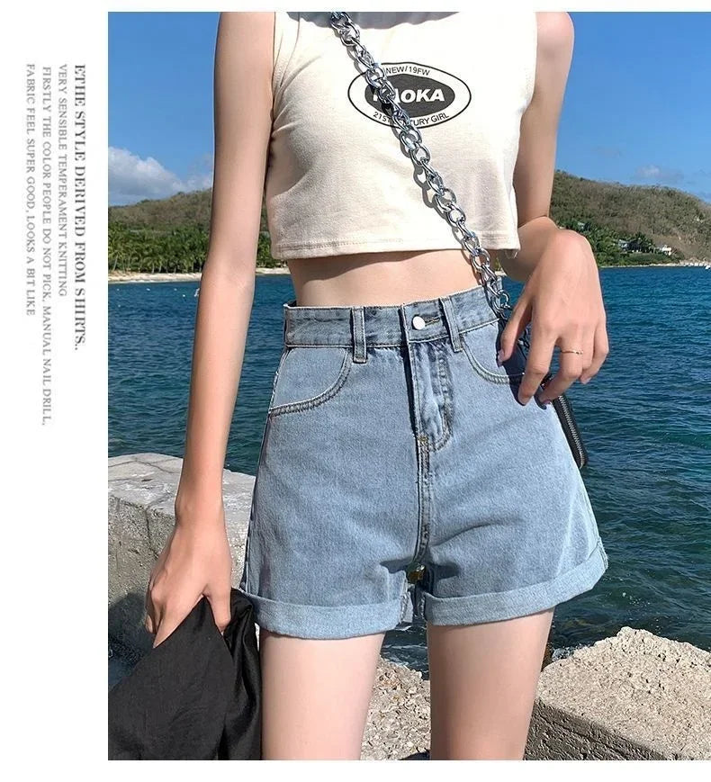 Summer Thin Style Korean Version High Waist Slimming Denim Shorts for Women Loose Line Outer Wear Rolled Edge Wide Leg Hot Pants