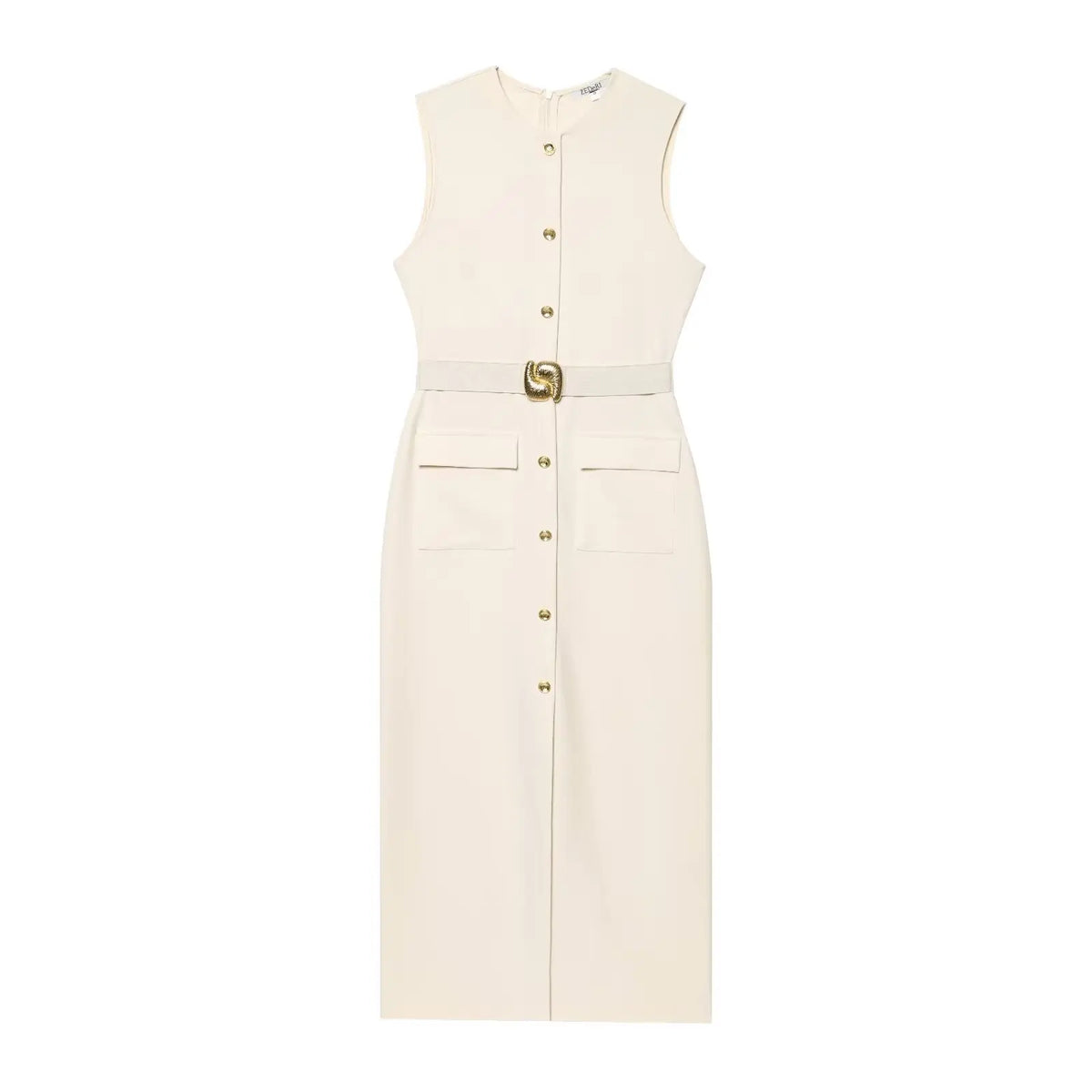 Female Summer Elegant Midi Dress O-Neck Hem Slit With Belt Sleeveless Single Breasted Back Zipper Fashion Long Dress