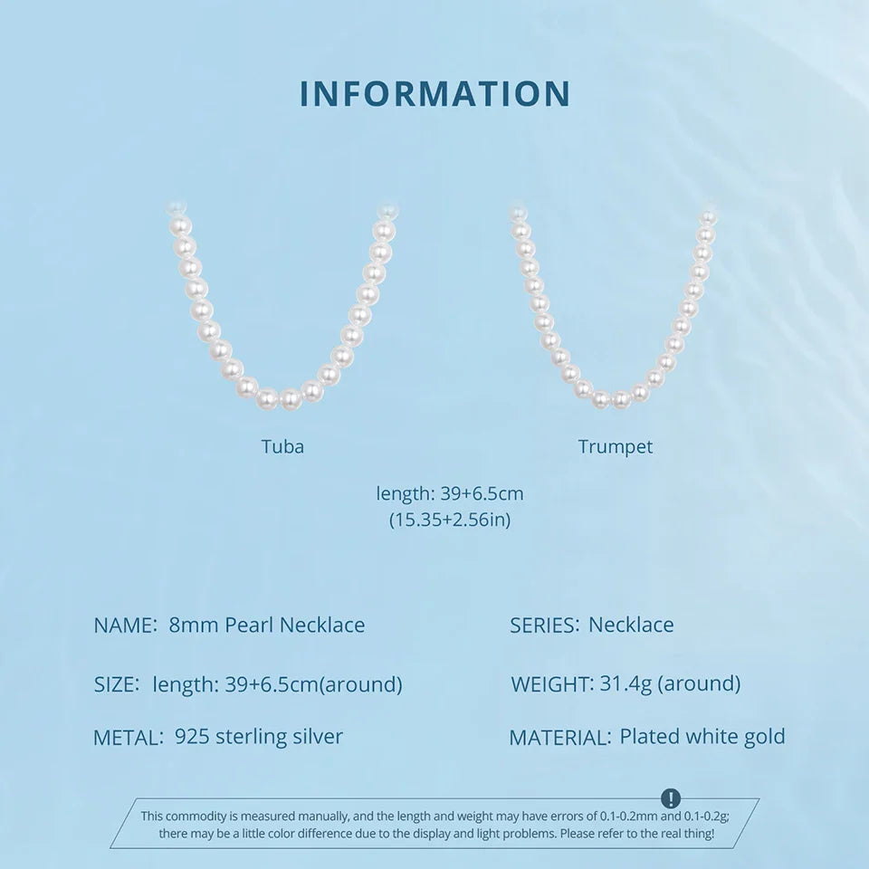 White Pearl Necklace for Women, 925 Silver Adjustable Clasp Chain Faux Pearl Beaded Necklace Bridal Wedding Jewelry