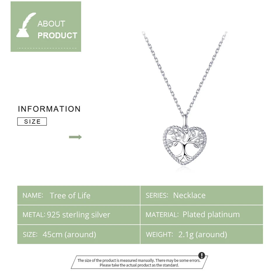 925 Sterling Silver Radiant Clear CZ Tree of Life Heart Pendant Necklace for Women Family Gifts Fine Jewelry BSN176