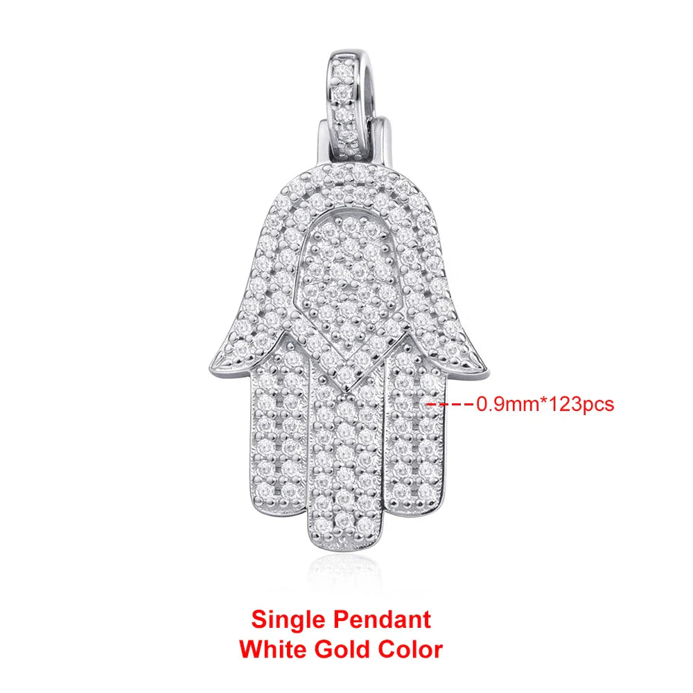 Hamsa Hand Real Moissanite Pendant Necklace for Men Women 925 Sterling Silver 18k Gold Plated Hiphop Fatima Necklace Jewelry