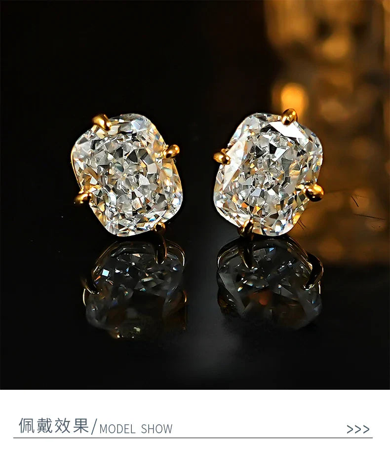 Light luxury 8 * 10 crushed ice cut 925 silver ear nail inlaid with high carbon diamond fat rectangular temperament for women