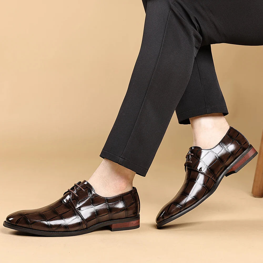 Fashionable Crocodile Print Men's Solid Color Leather Oxford Shoe Formal Business Lace -Up Office Shoe Comfortable Wedding  Shoe