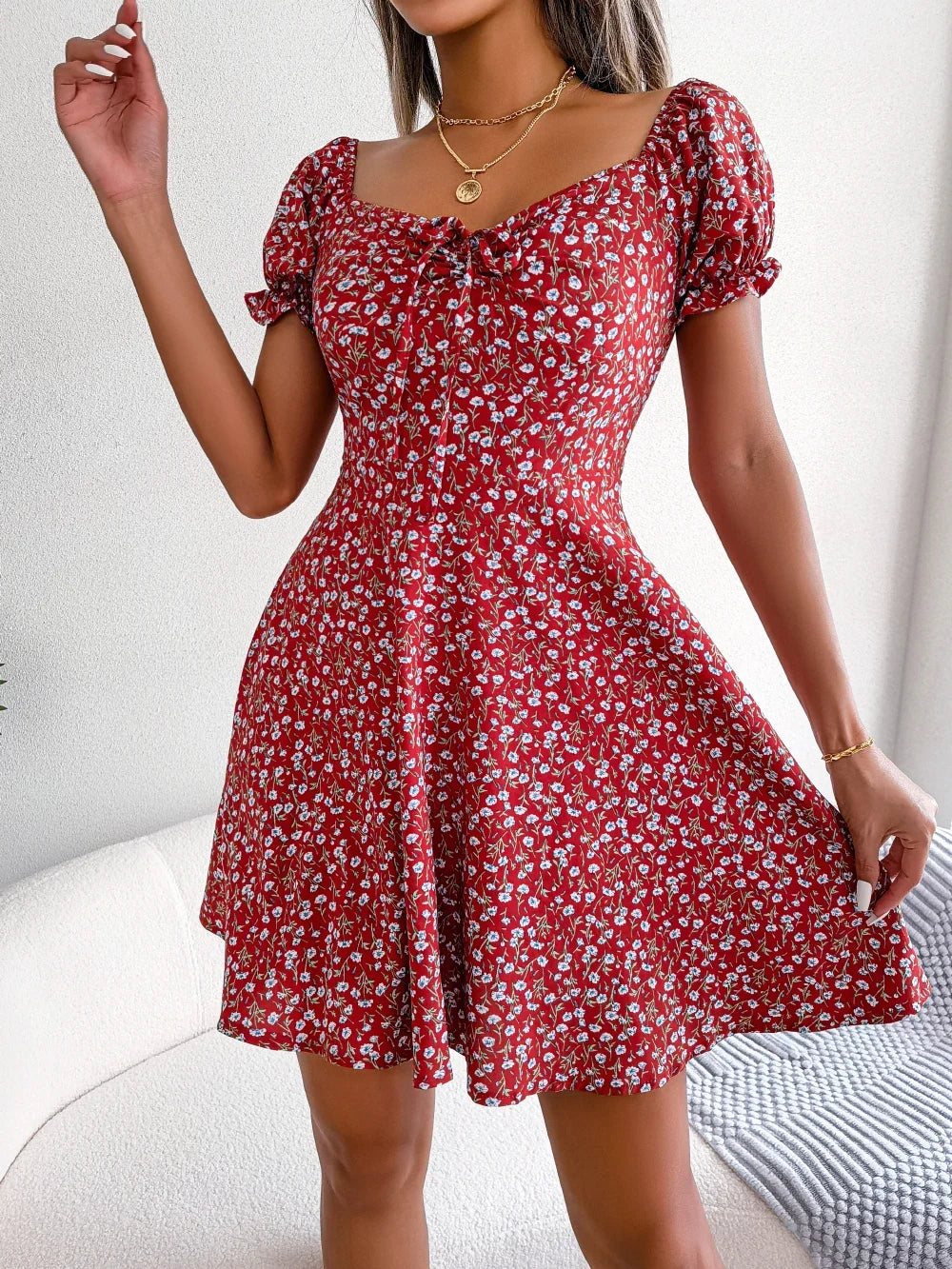 Women Casual Square Neck Flare Short Sleeve Floral Dress Elegant A Line Dress for Spring Summer 2026 Fashion Woman Clothing